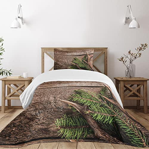 Ambesonne Antlers Bedspread, Evergreen Branch Deer Antler Against Rustic Wooden Background Print, Decorative Quilted 2 Piece Coverlet Set with Pillow Sham, Twin Size, Fern Green