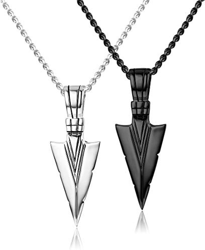 Jstyle Stainless Steel Pendant Necklace For Mens Cool Spearpoint Arrowhead Pendant Chain Necklace Set Black & Silver Tone