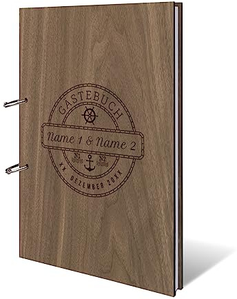 Personalisiertes Hochzeit Gästebuch echtes Holz DIN A4 Hochzeitsbuch mit Lasergravur - Maritim - mit 72 Blatt / 144 Seiten Naturpapier Weiß