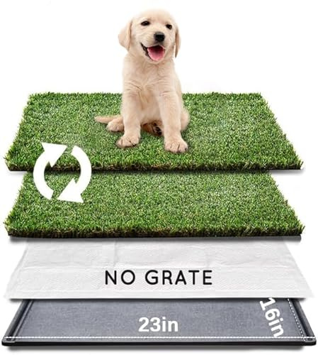HQ4us Dog Grass Pad with Tray Small 23 x 16 Dog Litter Box Toilet for Puppy (No Grate) with 2×Artificial Grass for Dogs with Hemmed Edge, Pee Pads for Dogs, Realistic, Less Stink, Potty for Balcony
