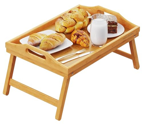 Mantraraj Wooden Bamboo Food Serving TV Tray With Handles Portble And Folding Legs Dinner Breakfast Lap Table Mat For Sofa And Bed - 50x30cm