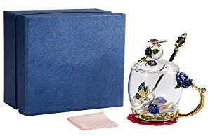 Taza de té de cristal transparente con diseño de flores (con cuchara + tapa), tazas de té elegantes, taza de té de flores, regalo de taza de té, regalos para mujeres, regalo del día de la madre, caja