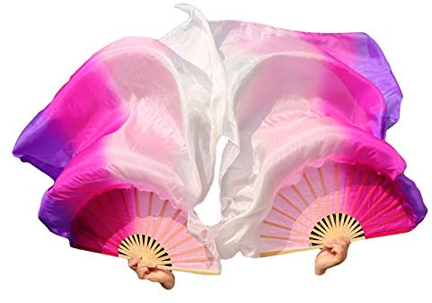 Winged Sirenny Paar Kleiner Fächer-Schleier Bauchtanz Seide 110cm mit Drehendem Poi-Band, Handbemalt Leichter Schleier für Tanzauftritte und Übungen, Spirituelle Darbietungen