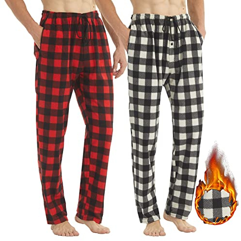 LANBAOSI Pyjamasbyxor för män fleece 2-pack rutiga fluffiga loungebyxor rutig pyjamas långa termiska nattkläder byxor med fickor, Röd/svart vit, M