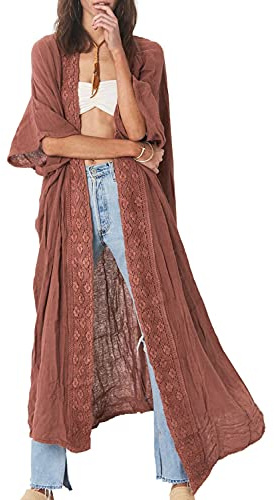 YouKD Dam boho lång kimono-klänning stor storlek cardigan strand baddräkt täcker kläder, D Röd, en storlek