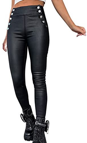 Damen Lederhose Sexy Skinny Legging Stretch PU Leder Look Optik Schwarz Schlank Hose Kunstlederhose Treggins Push Up Biker Pants