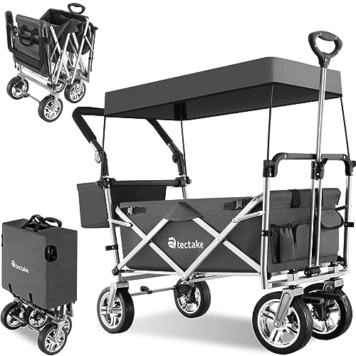 tectake® Bollerwagen Faltbar mit Dach, Handwagen mit Bremsen und Taschen, Strandwagen, Outdoor Gartenwagen, Transportkarre bis 80 kg Belastbarkeit, klappbar - grau