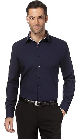Vincenzo Boretti Camisa de Hombre, Corte Ajuste Recto/Regular-fit, 100% algodón, Manga-Larga, Cuello Kent, con entredós de Contraste, Lisa - no Necesita Plancha Azul Oscuro 41-42