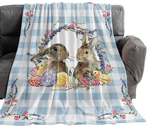 Überwurfdecke Frühlings-Osterhasen-Eier-Huhn-Blumen-Schmetterling Auf Blauem Gitter Komfortable Wohndecke Warme Sofaüberwurf Decke Für Erwachsene Mädchen Bett 80x60
