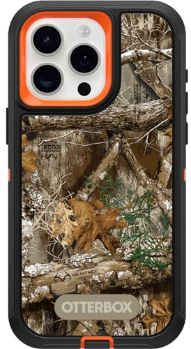 OtterBox Schutzhülle für iPhone 15 Pro Max (nur) Defender Series – Realtree Edge (Blaze Orange/Schwarz/RT Edge), robust und langlebig, mit Port-Schutz, inklusive Holster-Clip-Ständer
