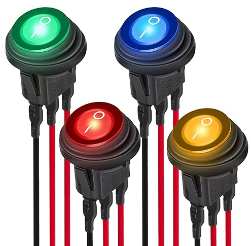 EEEKit 4Pcs Round Rocker Switch, 12V 20A SPST On/Off LED Rocker Toggle Switch 3Pin with 20cm Pre-Wired For Boat Car Truck RV