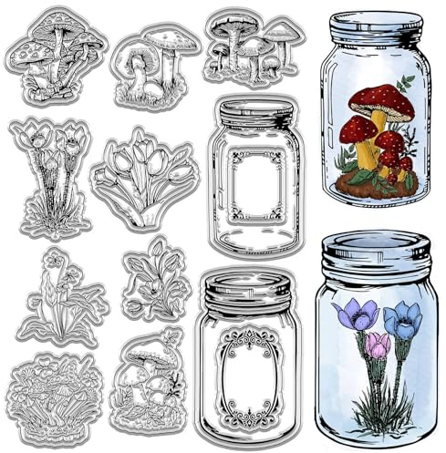 craspire Vintage-Flasche, Transparenter Gummistempel, Glasgefäß, Pflanzen, Pilze, Blumen, Transparente Silikon-Siegel, Stempel, Retro Für Journaling, Kartenherstellung, DIY, Scrapbooking
