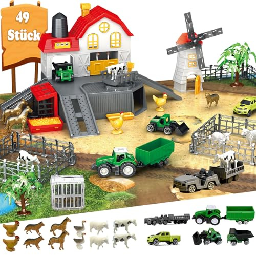 Frontoytall Ensemble de jouets de la ferme à partir de 3 ans – 49 pièces animaux de la ferme avec grange, tracteur, camion, clôtures et tapis de jeu durable – Jouet éducatif pour enfants