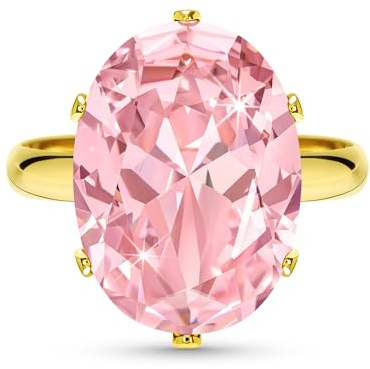 Linawe Rose Quartz Morganite Pink Imitation Diamond Rings for Women, Gold Cubic Zirconia Fake Engagement Wedding Adjustable Ring, Gemstone Rhinestone Costume Jewellery