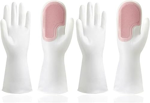 2 Pcs Reusable Rubber Dishwashing Gloves, Cleaning Brush Scrubber Gloves for Housework, Kitchen and Bathroom Cleaning, Multifunctional Cleaning Gloves (Pink)