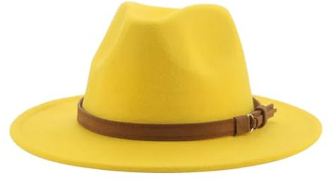 FULUJIDI Fedora Trilby Filzhut Hut Fedora Hüte Für Frauen Männer Breite Krempe Solide Frauen Hüte Band Gürtel Klassische Formale Kleider Hüte 52-54Cm (Kinder) Gelb