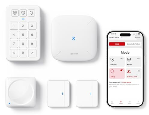 X-Sense Smart Home Security Systems, Wireless alarm systems, Works with Alexa, Supports Mobile App Alerts, Includes 1 Base Station, 2 Door Alarms, 1 Motion Alarm, 1 Keypad, AS05