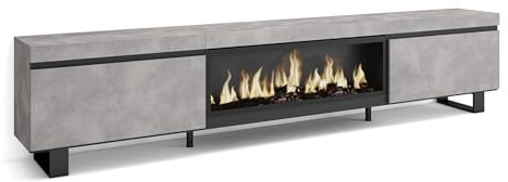 Skraut Home | TV-Schrank, Lowboard | für Wohnzimmer und Esszimmer | 267x57x35 cm | Für großformatiges TV | Elektrokamin XXL | Industriedesign | Moderner Stil | Zement