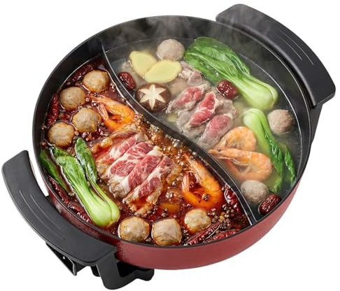 6L Elektrischer Kochtopf mit Teiler Chinesischer Kochtopf, Einstellbare Temperatur, mit Glasdeckel 1360W 220V, Unterstützt Verschiedene Zubereitungsmethoden, Darunter Braten, Kochen und Hot Pot