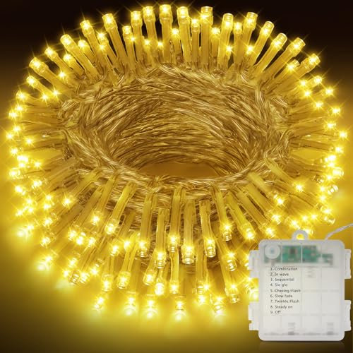 Realky Luci Albero di Natale a Batteria, 21M 210LED Luci Natalizie da Esterno ed Interno, 8 Modalità con Funzione Memoria Impermeabili per Giardino, Balcone, Festa, Casa - Bianco Caldo