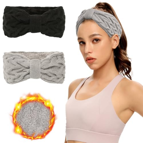 2pcs Bandeau Cheveux Femme Hiver Polaire, Chaud Bandeau Hiver Femme Fille Beaux Crochet Headband Cache Oreilles Femme Tricoté Bandeau Oreille Femme Pratique Cadeau de Noël (Noir,Gris)