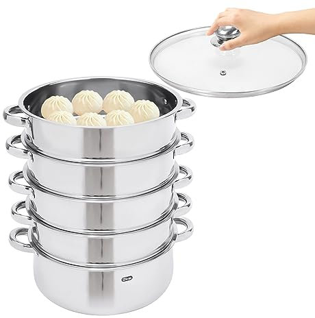 Vaporiera a 5 piani in acciaio inox, 304 con coperchio in vetro, con manici in metallo, per pentole domestiche, pentole elettriche in ceramica, forni elettrici o fornelli a gas (30 cm)