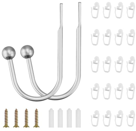 2 Pezzi Metal Holdback Tenda Ganci Fermatende con 20 Ganci scorrevoli per tende, Moderno a Muro Ganci a U fermatenda, Tenda Fermatenda Metallo Supporto, Staffe a forma di U per tende, Argento