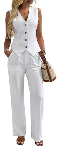 2-teiliges Damen-Outfits, Leinenweste, Weste, elegant, leger, weites Bein, Hosenanzüge, Weiss/opulenter Garten, Mittel