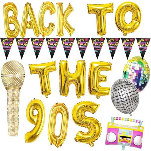 90er Jahre Deko Set, Back to the 90s Party Dekoration, Retro Disco Deko mit Folienballons, Wimpelbanner, Mikrofon- und Radio-Ballons, 90er Party Zubehör für Retro Feiern