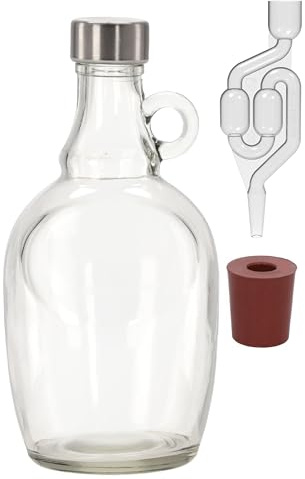 lilawelt24 1L Gärballon mit rundem Griff Rundgriff Flasche +Gummistopfen + Gärröhrchen Set Set Weinballon Gärbehälter brauen Wein Machen Glasgärballon Fermentierglas (1x)