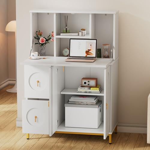 YESGIGA Sekretär,Schreibtisch,Arbeitstisch,Computertisch,Weiß150cm hoch, 100cm breit