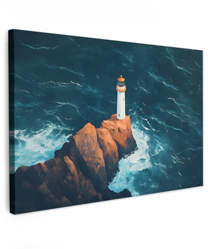 MuchoWow© Leinwand Bilder Groß XXL Wanddeko Wohnzimmer Aesthetic Room Decor | 120x80 cm - Deko Zimmer Wandbilder Modern Bild auf Leuchtturm - Felsen - Meer - Wellen