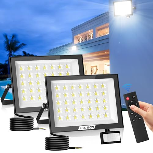 Bellanny Focos LED Exterior con Sensor de Movimiento 100W 10000LM Foco Proyector LED, 6500K Blanca fría Luz de Seguridad - 2Pcs IP65 Impermeable Floodlight para Jardín Garaje Patio Estadio Hotel Naves