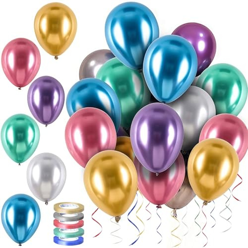 Palloncini Metallici Multicolori,Palloncini in Metallo,Palloncino di Elio in Metallo da 12 Pollici con 5 Rotoli di Nastro per Feste di Compleanno,Matrimonio,Battesimo,Decorazione