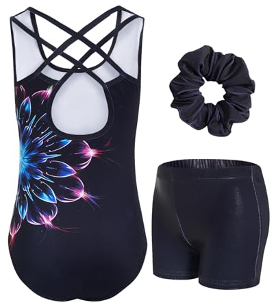 JiAmy Turnanzug Mädchen, Gymnastikanzug Mädchen Kinder Glitzer Gymnastik Turnanzug Leotard Mit Haarbändern und Shorts Set für 8-9 Jahre