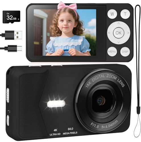 4K Digital Camera - 64MP 2.8 UHD Compact Cameras - Autofocus Rechargeable Vlogging Camera with 32G SD Card Portable Travel Mini Small Camera with 18X Digital Zoom for Kids Beginners Teenagers (Black)