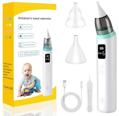 Aspiratore Nasale Neonato, Aspiratore Nasale Elettrico Detergente per Naso,con 6 Aspirazione Livelli e 2 Silicone Punte, Anti-riflusso Nasal Aspirator,Ricaricabile USB Portatile con Musica