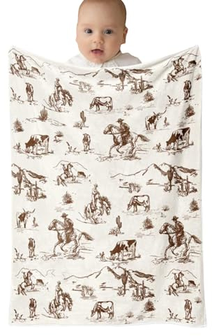 Couverture Bébé Imprimée Vache, Décoration Chambre Cowboy Western, Couette Douce Vintage pour Maison Voiture Camping Pique-Nique Plage