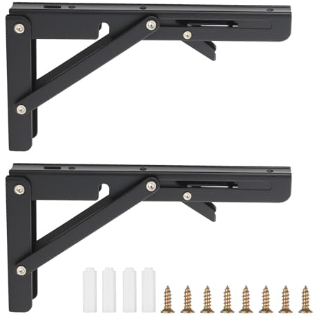 RunXinDa2 Pack Heavy Duty Folding Shelf Brackets 90 Degree Locking Foldable Hinges, 200mm Wall Mount Table/Desk Shelf Support Bracket for Home Office (2pcs-200mm(Black))