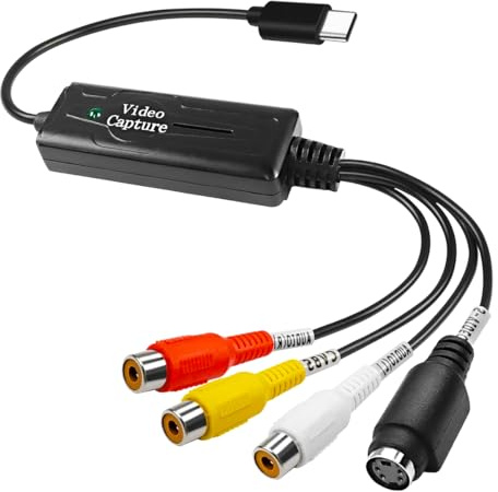 Ausi Adaptateur de carte de capture vidéo RCA AV vers USB-C, convertisseur S-Vidéo composite vers USB pour magnétoscope VHS DVD vers PC Mac