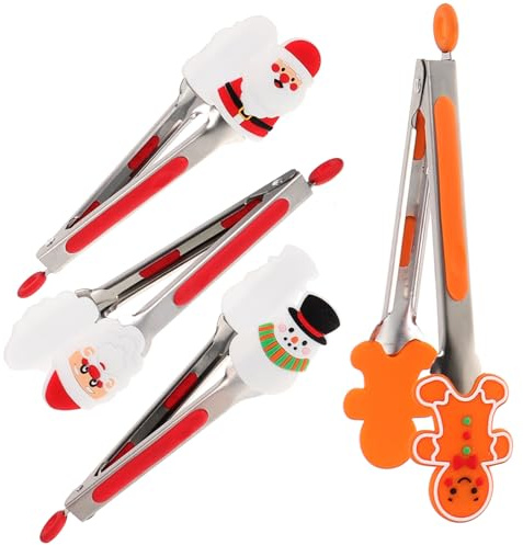 CIYODO 4pcs Stainless Steel Food Tongs Novelty Tongs Heat-Resistant Xmas Serving Bulk Christmas Baking Utensils Multifunctional Grilling Salad Server Silica Gel