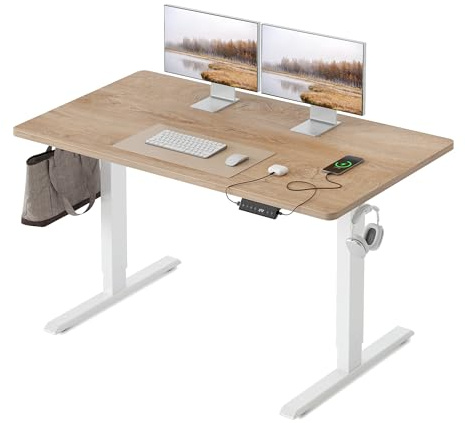 FEZIBO Höhenverstellbarer Schreibtisch EINTEILIGER Tischplatte 120x60cm | Schreibtisch Höhenverstellbar Elektrisch mit USB-C und USB-A-Ladeanschlüssen, 80kg Tragkraft, 3 Memory-Funktion, Eiche