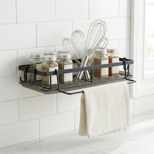 Astralong Sink Caddy with Drip Tray, Dishcloth Hanger and 4 Hooks, Black Carbon Steel Sponge Holder, Multifunctional Dish Rack, Kitchen Sink Organiser for Countertop Kitchen Storage and Organisation