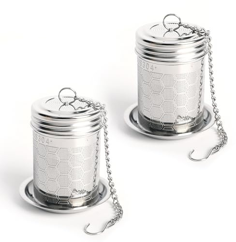 2Pcs Stainless Steel Tea Strainers, Loose Leaf Tea Infuser for Black Tea | Tea Steeper for Rooibos, Fine Mesh Filter with Lid Chain Hook and Drip Tray, Tea Brewing Accessories