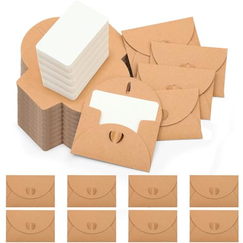 Omtofo 30 piezas mini sobres con 30 tarjetas en blanco, 10,5 × 7 cm Kraft pequeño sobre, mini sobres con cierre de corazón para tarjetas de regalo, bricolaje, graffiti, festival, tarjeta de