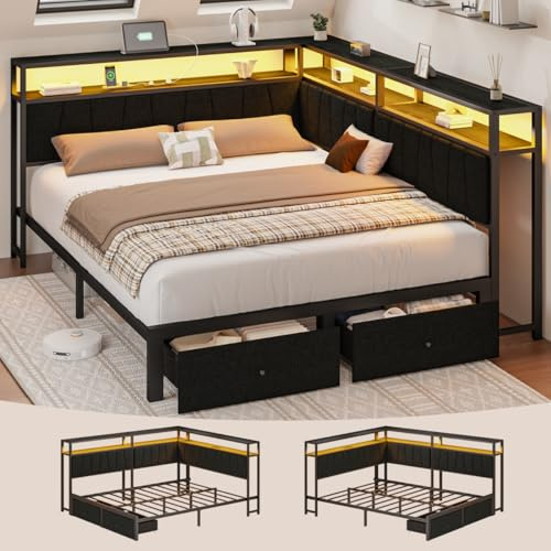 Otevehde Queen Corner Bed Frame with Storage Drawers, Modern Daybed with LED Lights and Charging Station, Metal Platform Bed Frame Queen Size with Linen Upholstered Guardrail for Dorm Bedroom, Black