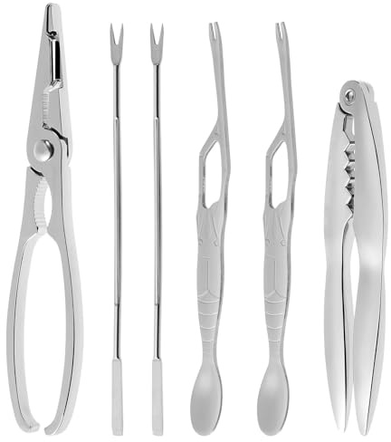 ABOOFAN Set Attrezzi per Granchio in Acciaio Inox, 6 Pezzi, Argento | Morsetto per Ostriche, Pinza per Granchio e Seafood Tools, con Custodia per Famiglia e Amici
