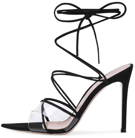 Sandali di Moda Stiletto Donna Lacci Avvolgimento alla Caviglia Punta Acuminata High Top Fascette Schienale Aperto Pumps da Sera per Ricevimento Serale e Gala Notturno,Nero,42 EU