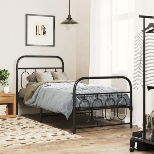 LoogCape Metall Bettgestell Schwarz 90x200 cm, mit Kopfteil und Fußteil, robuster Stahlrahmen, Plattformbett für Schlafzimmer, Gästebett mit Stauraum