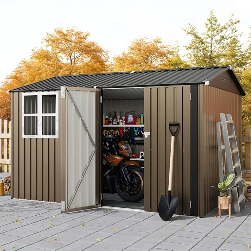 8x10 FT Outdoor Storage Shed,Metal Tool Shed with Clear Window, Lockable Doors,Large Garden Storage Box with Sloping Roof，Sheds&Outdoor Storage for Backyard Garden Patio Lawn, Brown